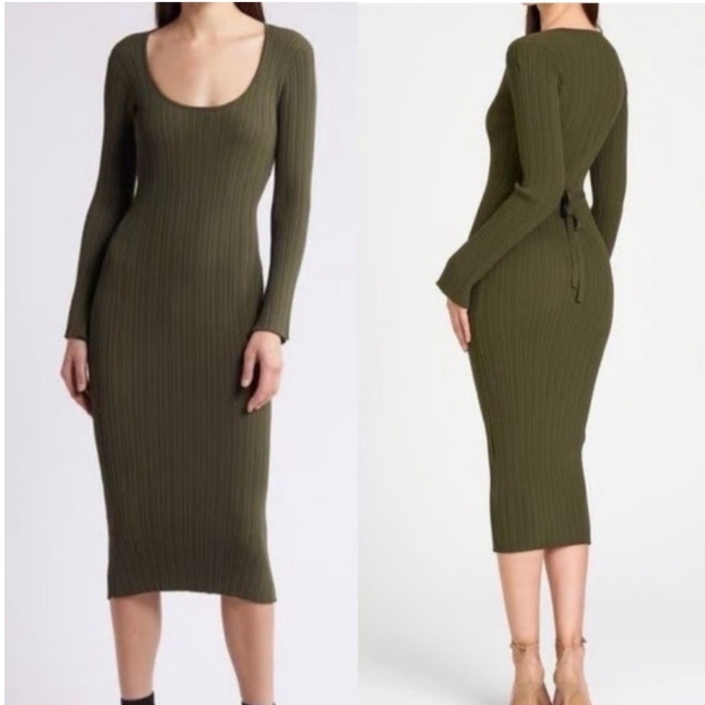 Wayf Olive Green Long Sleeve Ribbed Knit MIDI Dress Size M NWT Scoop Neck Boho